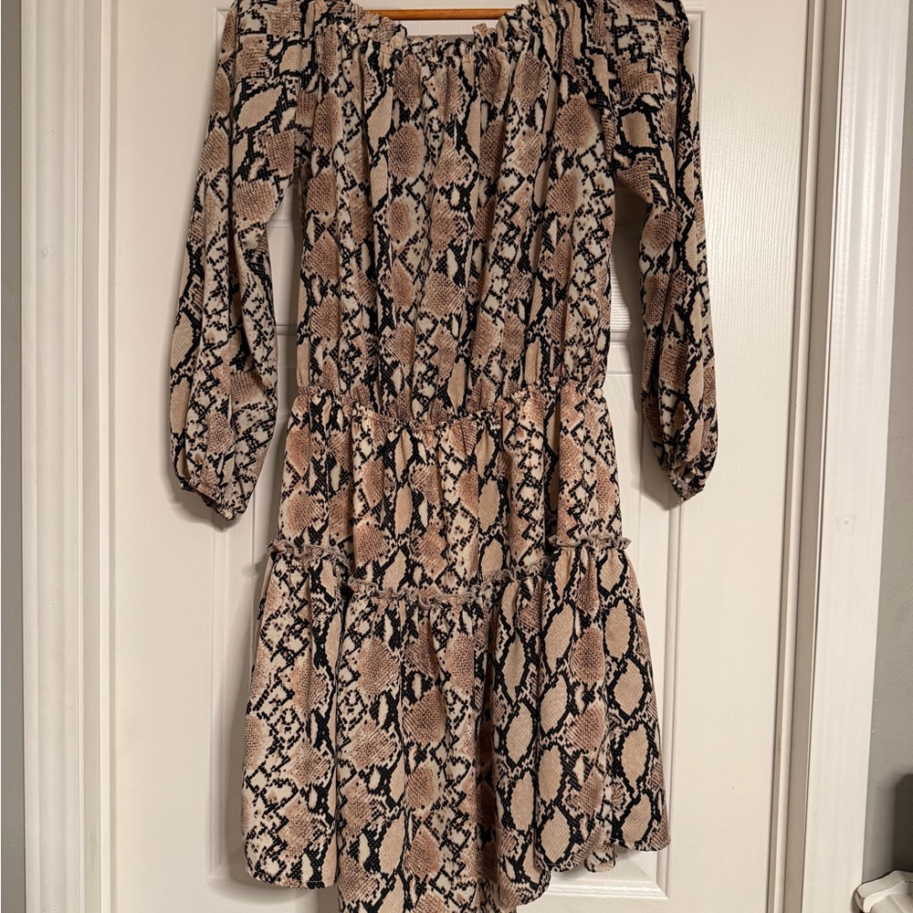 Smocked Off-Shoulder Snake Print Tiered Midi Dress in Beige and Black